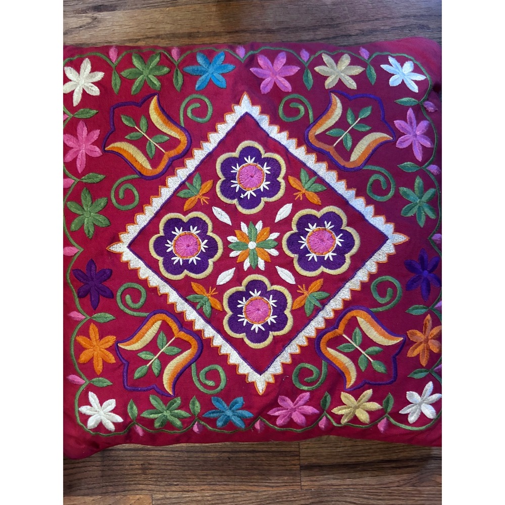 Pottery Barn Throw Pillow SW 18x18 Red Floral Embroidered Boho Square Accent